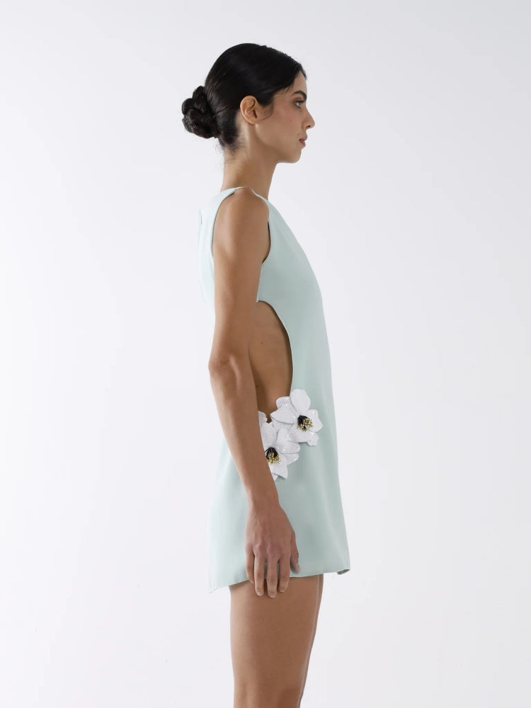 Mint Green Sequin Floral Cutout Mini Dress