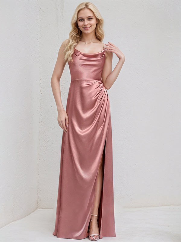 Mauve Satin A Line Spaghetti Straps Sleeveless Floor Length Bridesmaid Dress