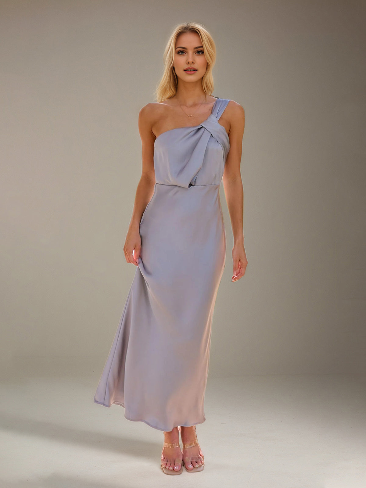 Steel Blue Satin Sheath/Column One Shoulder Ankle Length Bridesmaid Dresses