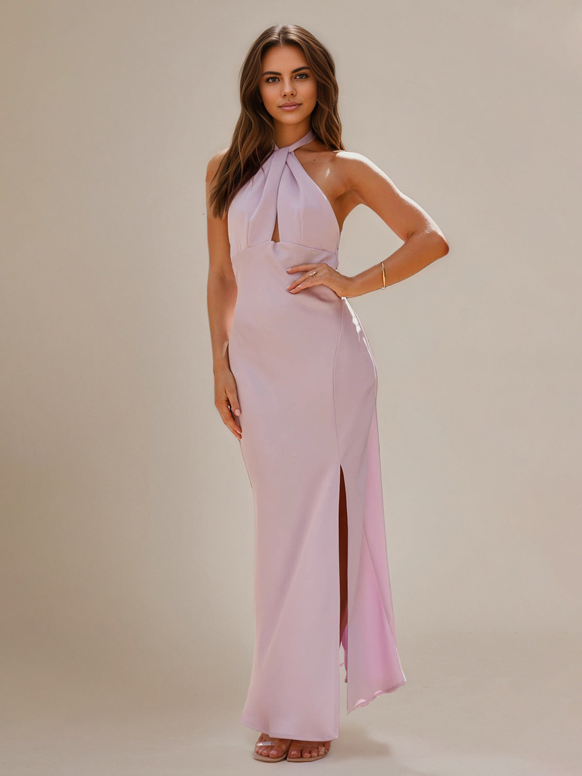 Lilac Chiffon Sheath/Column Halter Neck Sleeveless Floor Length Bridesmaid Dresses