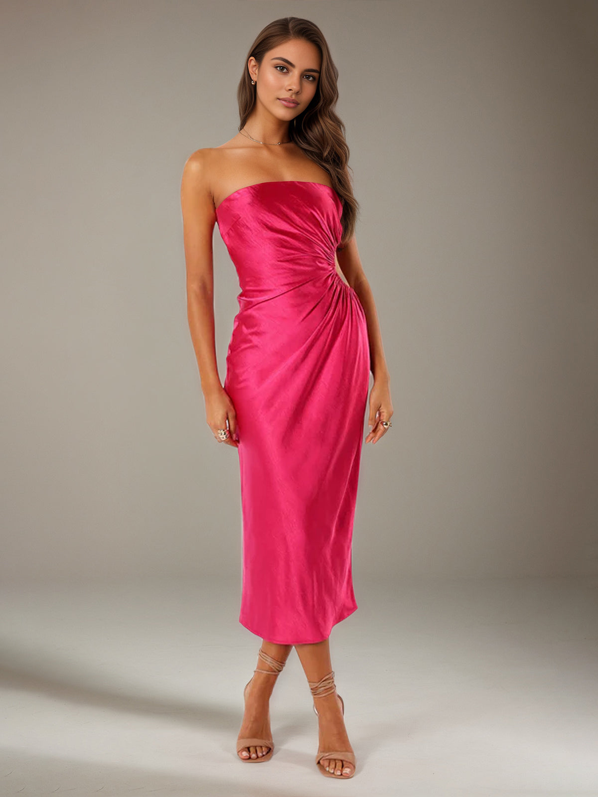 Hot Pink Satin Sheath/Column Off The Shoulder Tea Length Bridesmaid Dresses