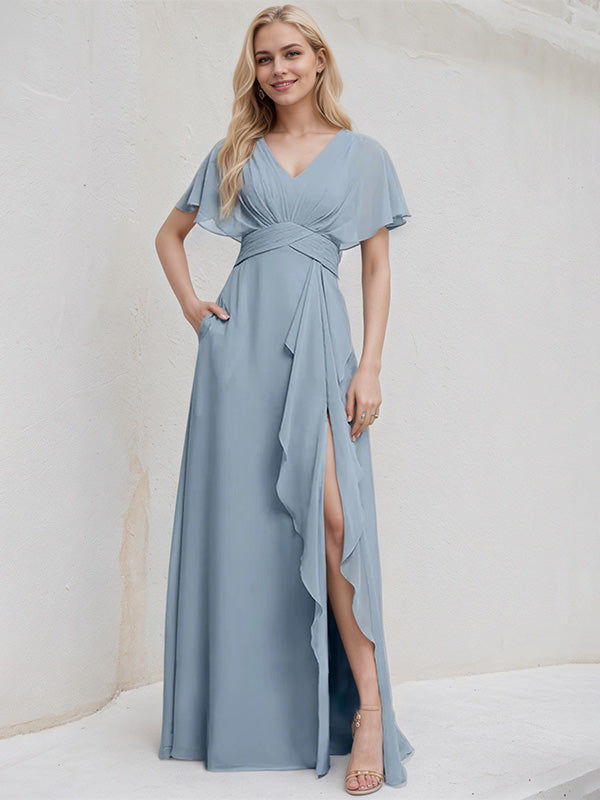 Dusty Blue Chiffon A Line V Neck Ruffle Sleeves Floor Length Bridesmaid Dress