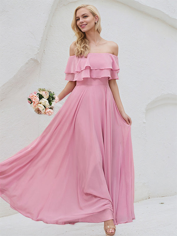 Peony Chiffon A-Line Off-the-Shoulder Sleeveless Floor-Length Bridesmaid Dress - FashionDia