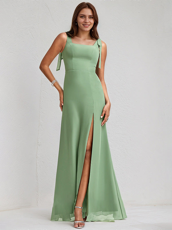 Basil Chiffon A Line Square Neck Sleeveless Floor Length Bridesmaid Dress