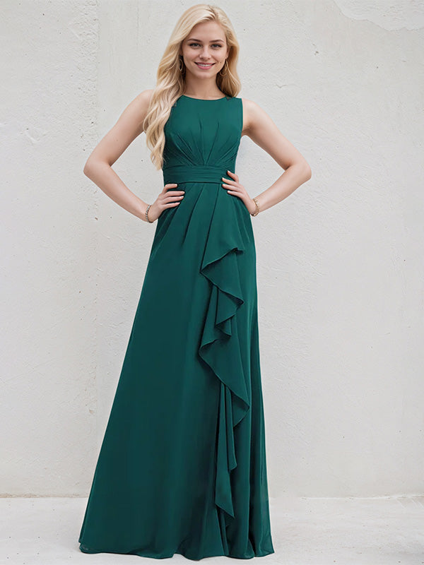 Peacock Chiffon A Line Scoop Neck Sleeveless Floor Length Bridesmaid Dress With Ruffle