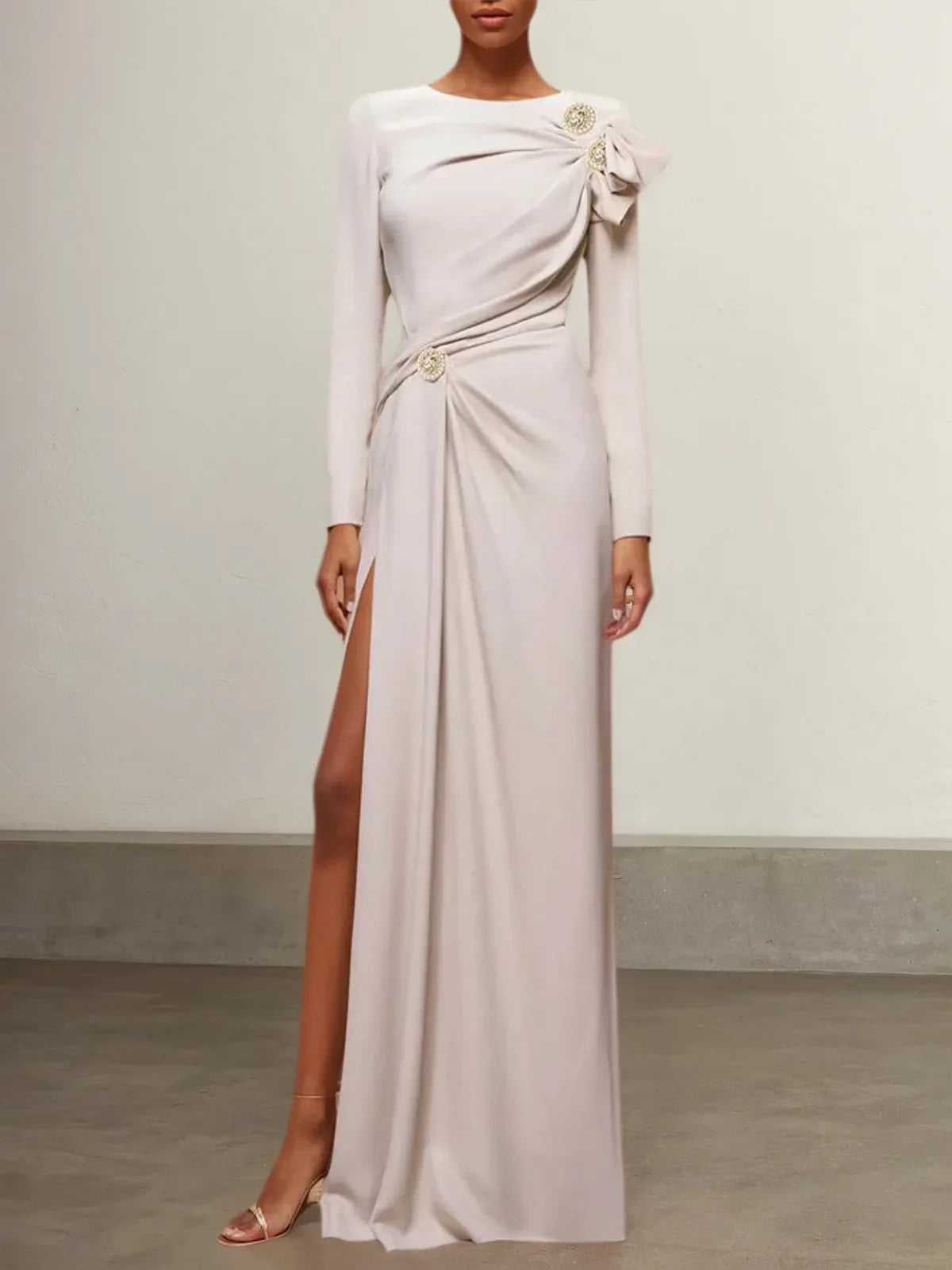 Apricot Ruched Long Sleeve Slit Shift Maxi Dress