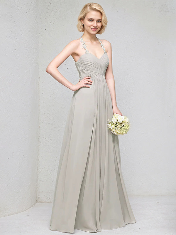A-Line Sweetheart Floor-Length Chiffon Lace Bridesmaid Dress With Ruffle