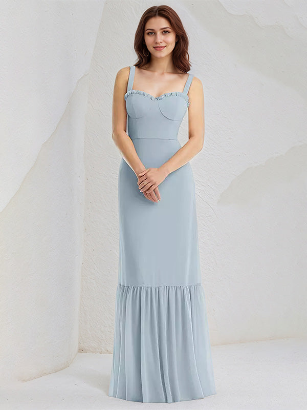 Ice Blue Sheath/Column Chiffon Spaghetti Straps Sleeveless Floor Length Bridesmaid Dresses