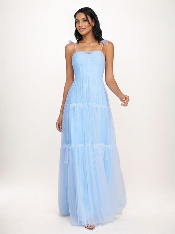Sky Blue Tulle A Line Spaghetti Straps Floor Length Sleeveless Bridesmaid Dress With Bow