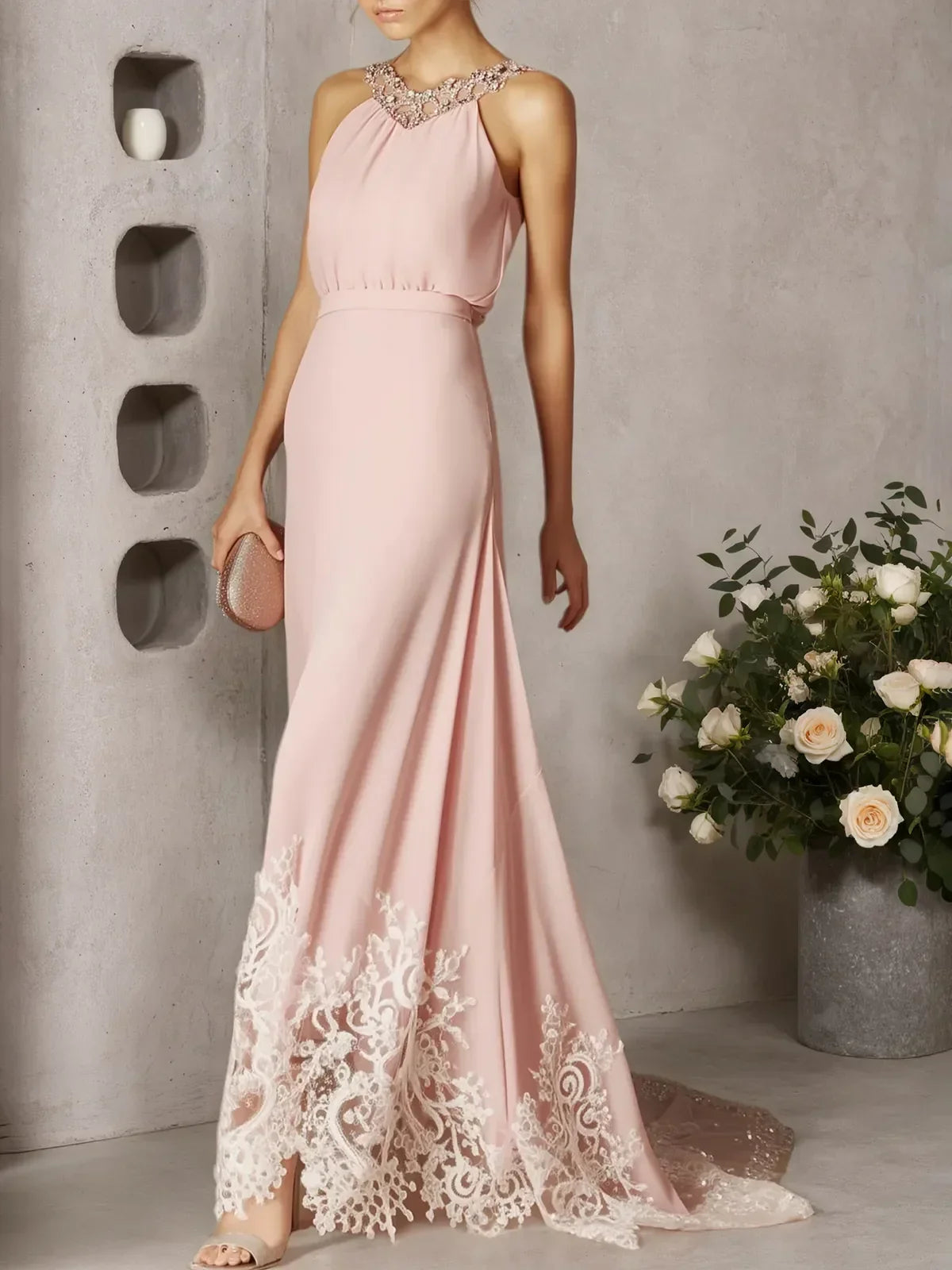 Pink Beaded Ruched Chiffon Halter Sleeveless A-Line Gown Dress - FashionDia