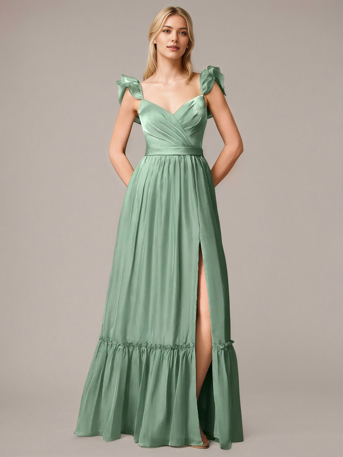 Green A Line V Neck Sleeveless Floor Length Dresses With Ruffles
