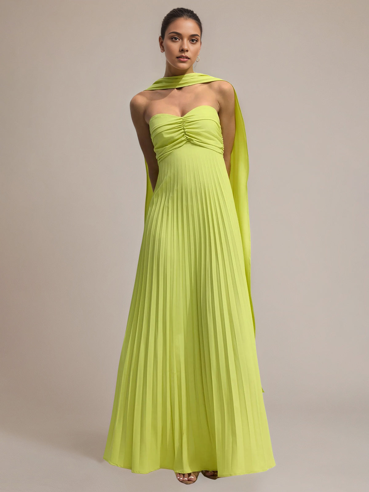 Green Chiffon A-Line Off-the-Shoulder Sleeveless Floor-Length Pleated Dress - FashionDia