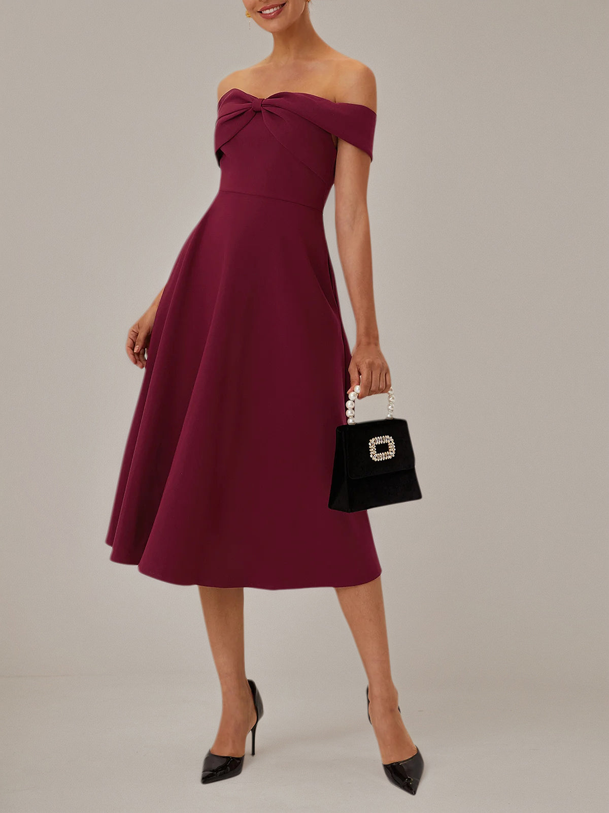 Burgundy A Line Stretch Crepe Off The Shoulder Sleeveless Tea Length Dresses