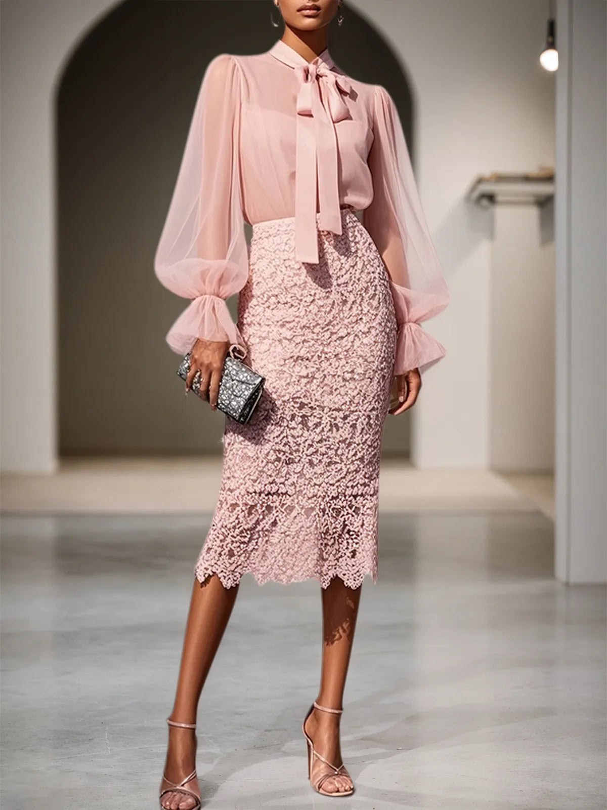 Women Pink Lace Bow Crew Neck Long Sleeve Bell Sleeve Dressy Top With Skirt Two-Piece Set