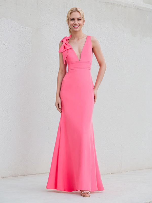Hot Pink Chiffon V-Neck Floor-Length Bridesmaid Dress With Bow - FashionDia