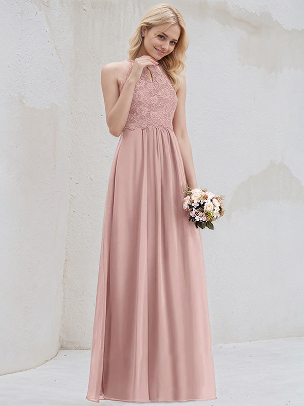 Dusty Rose A-Line Scoop Floor-Length Lace Chiffon Bridesmaid Dress