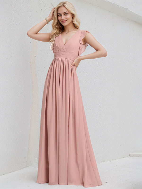 Dusty Rose Chiffon A Line V Neck Sleeveless Floor Length Bridesmaid Dress With Ruffle