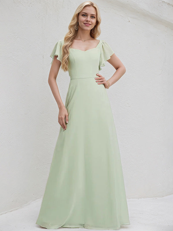 Celadon Chiffon A Line V Neck Short Sleeves Floor Length Bridesmaid Dress With Ruffle