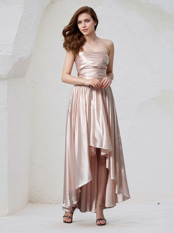 Pearl Pink Satin A Line Halter Neck Sleeveless Asymmetrical Bridesmaid Dress
