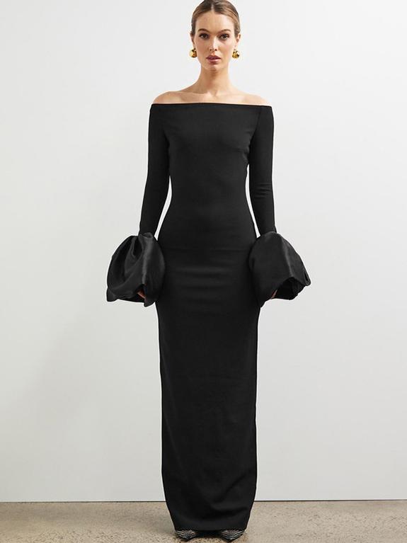 Long Sleeve Fitted Dress with Puff Sleeves and One Shoulder Neckline