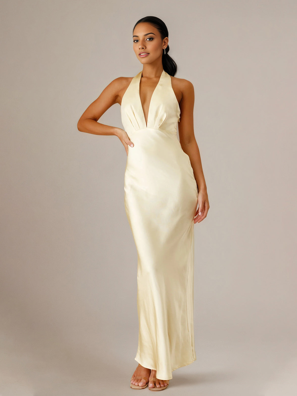 Yellow Satin Sheath/Column V Neck Sleeveless Floor Length Bridesmaid Dresses