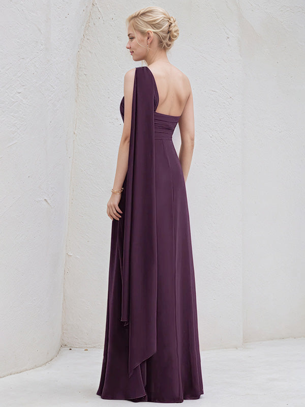 Grape A-Line One Shoulder Floor-Length Chiffon Bridesmaid Dress With Ruffle