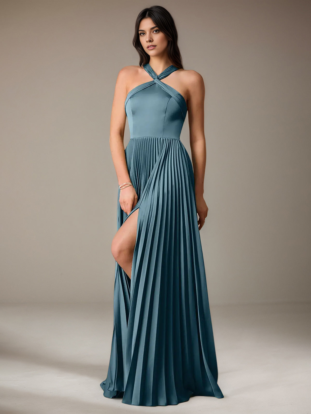 French Blue A Line Halter Sleeveless Floor-Length Satin Bridesmaid Dress