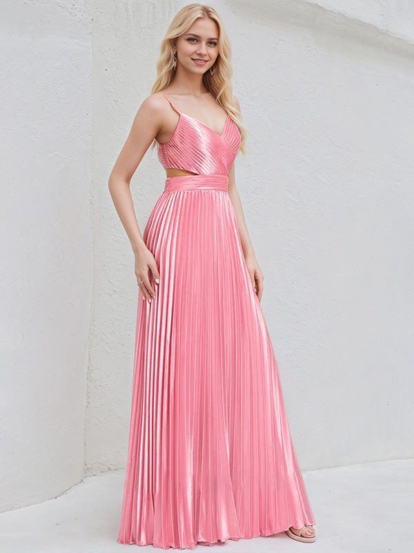 Peony Satin A Line Spaghetti Straps Sleeveless Floor Length Bridesmaid Dress