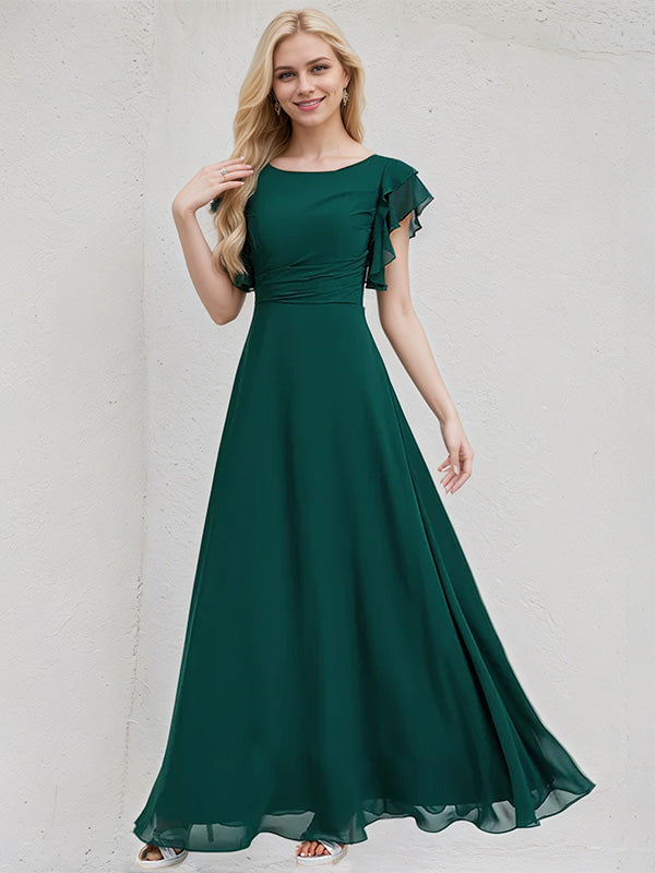 Peacock Chiffon A Line Scoop Short Sleeves Floor Length Bridesmaid Dress With Cascading Ruffles