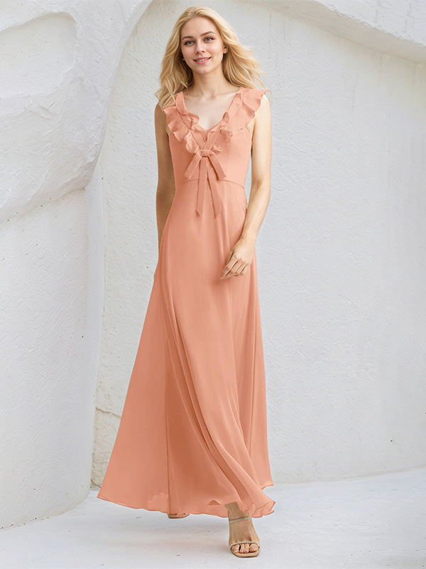 Peach Pink Chiffon A Line V Neck Sleeveless Floor Length Bridesmaid Dress With Ruffle