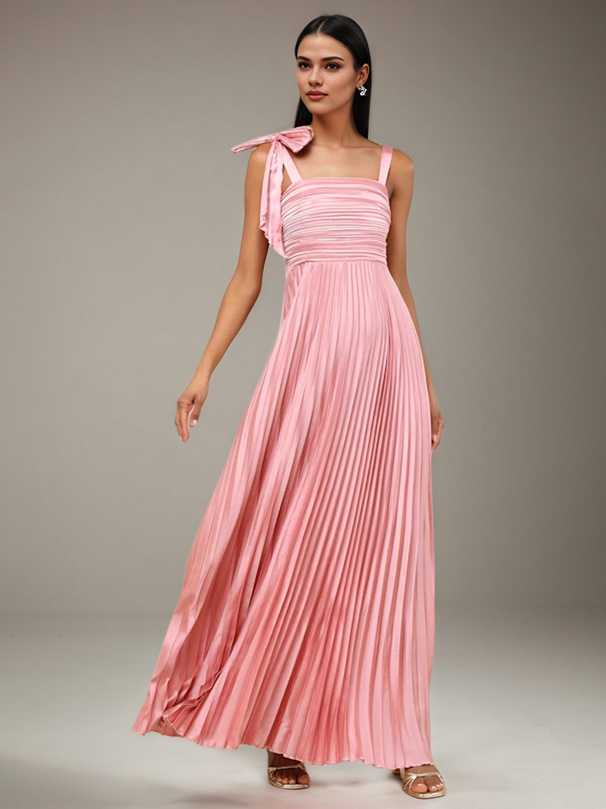 Pink Satin A Line Square Neck Sleeveless Floor Length Bridesmaid Dress With Bow