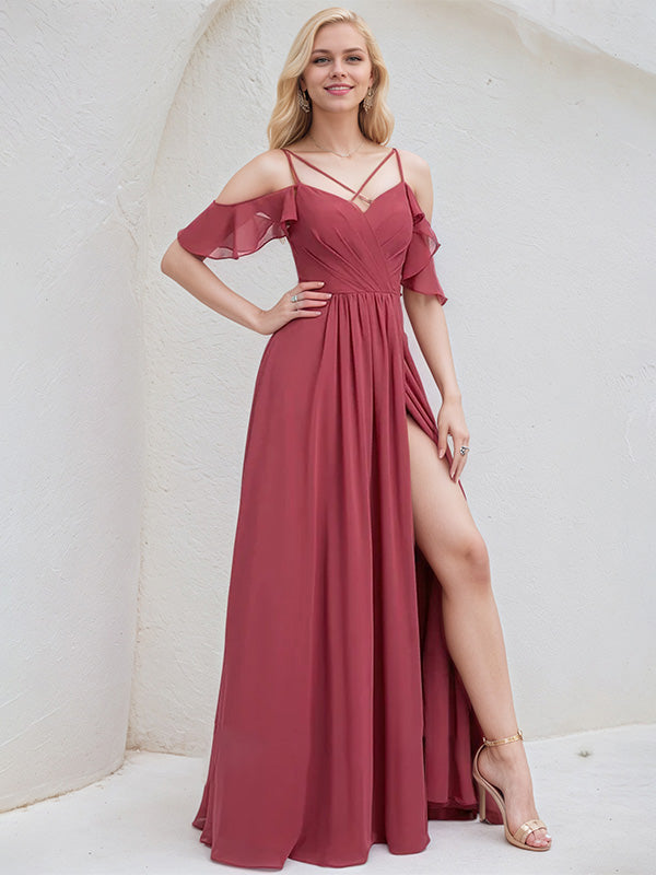 Cinnamon Rose Chiffon A Line Spaghetti Straps Floor Length Bridesmaid Dress