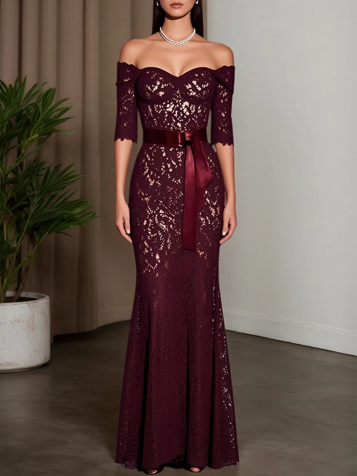 Wine Red Lace Off The Shoulder Half Sleeve Sheath Maxi Dress