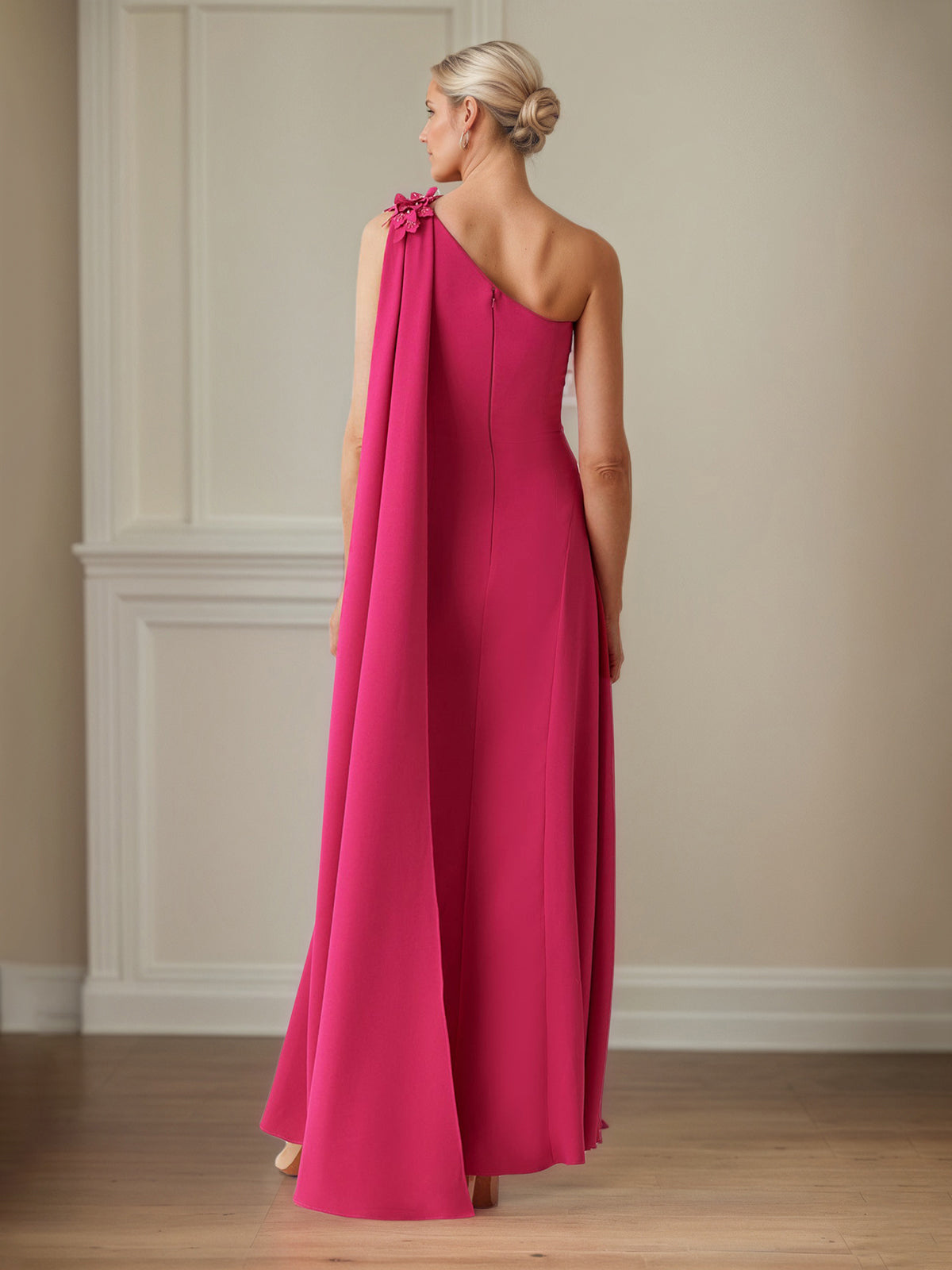 Lipstick Stretch Crepe Sheath/Column One Shoulder Floor Length Mother of the Bride Dresses