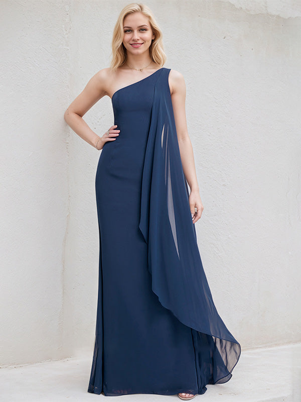 Navy Blue Chiffon A Line One Shoulder Floor Length Bridesmaid Dress