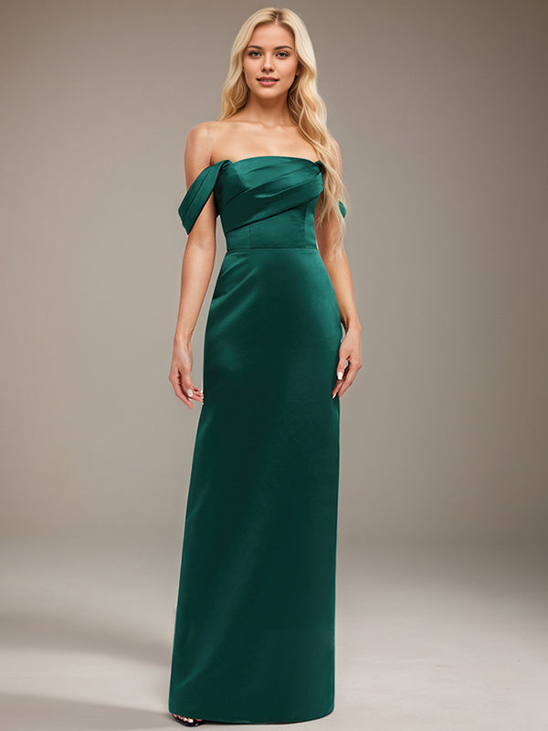 Emerald Sheath/Column Off the Shoulder Floor-Length Satin Bridesmaid Dress