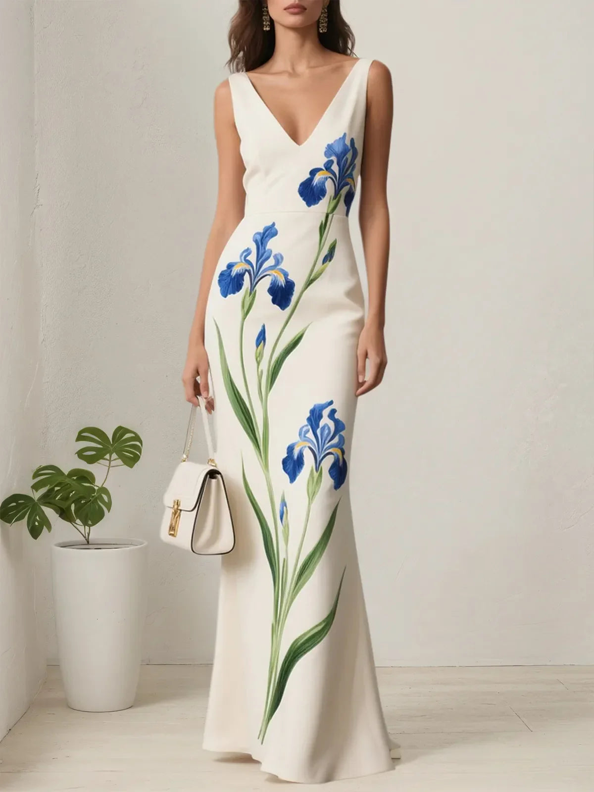 White Floral Classic V Neck Sleeveless A-Line Gown Dress