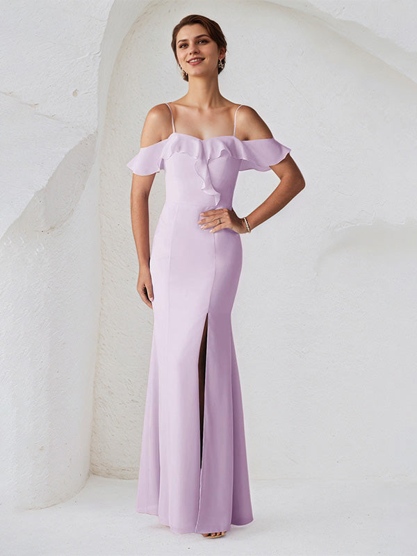 Lilac Chiffon Sheath/Column Spaghetti Straps Sleeveless Floor Length Bridesmaid Dress With Ruffle