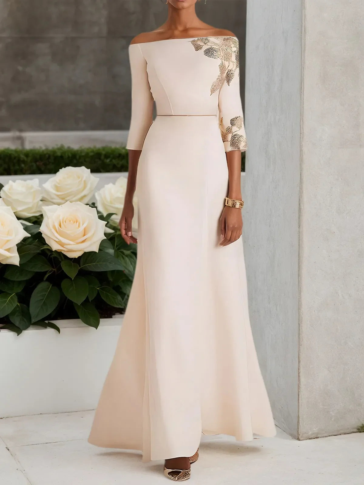 White Embroidery Classic Off The Shoulder Half Sleeve A-Line Maxi Dress
