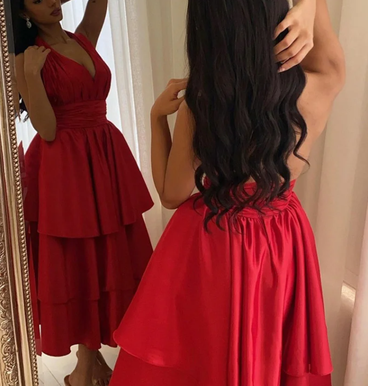 Elegant Short Satin Halter Evening Dresses Muslim Backless A-Line Red Dress Formal Dress Pleated Tea-Length Gowns - View 4 | FashionDia