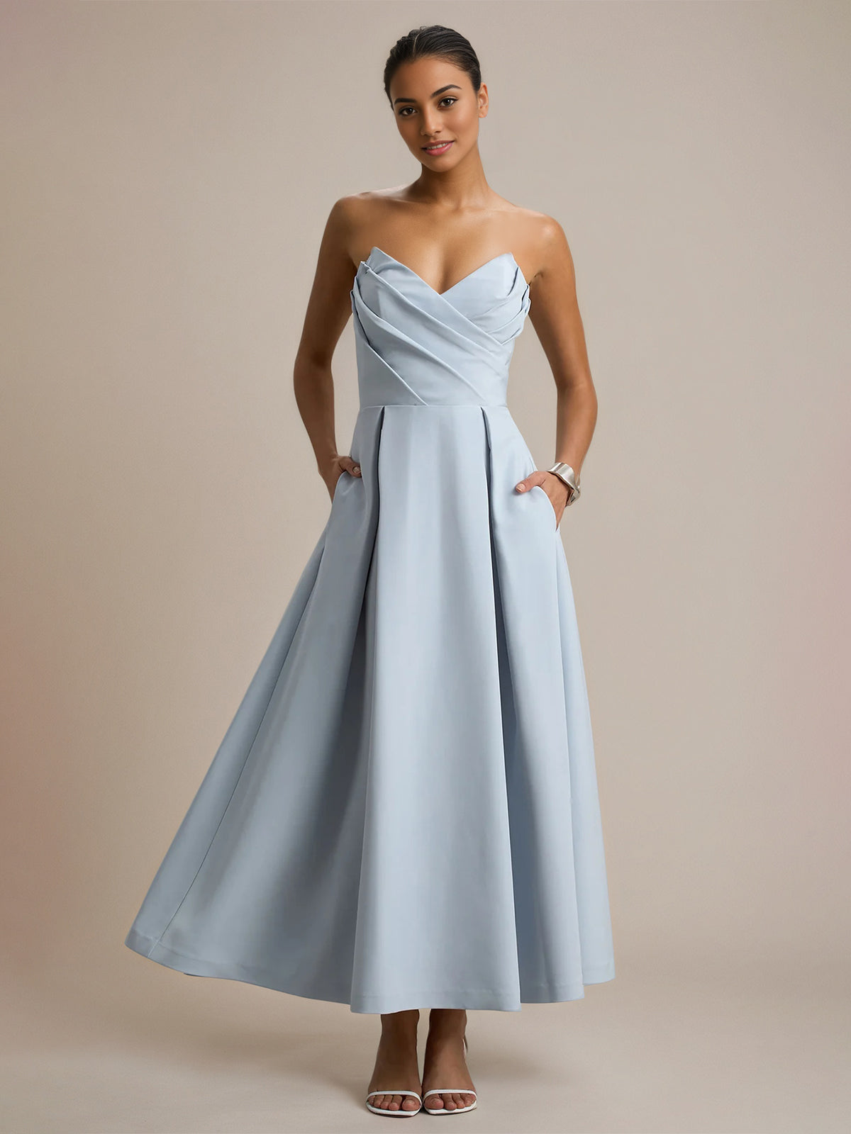 Powder Blue A Line Stretch Crepe Sweetheart Ankle Length Dress