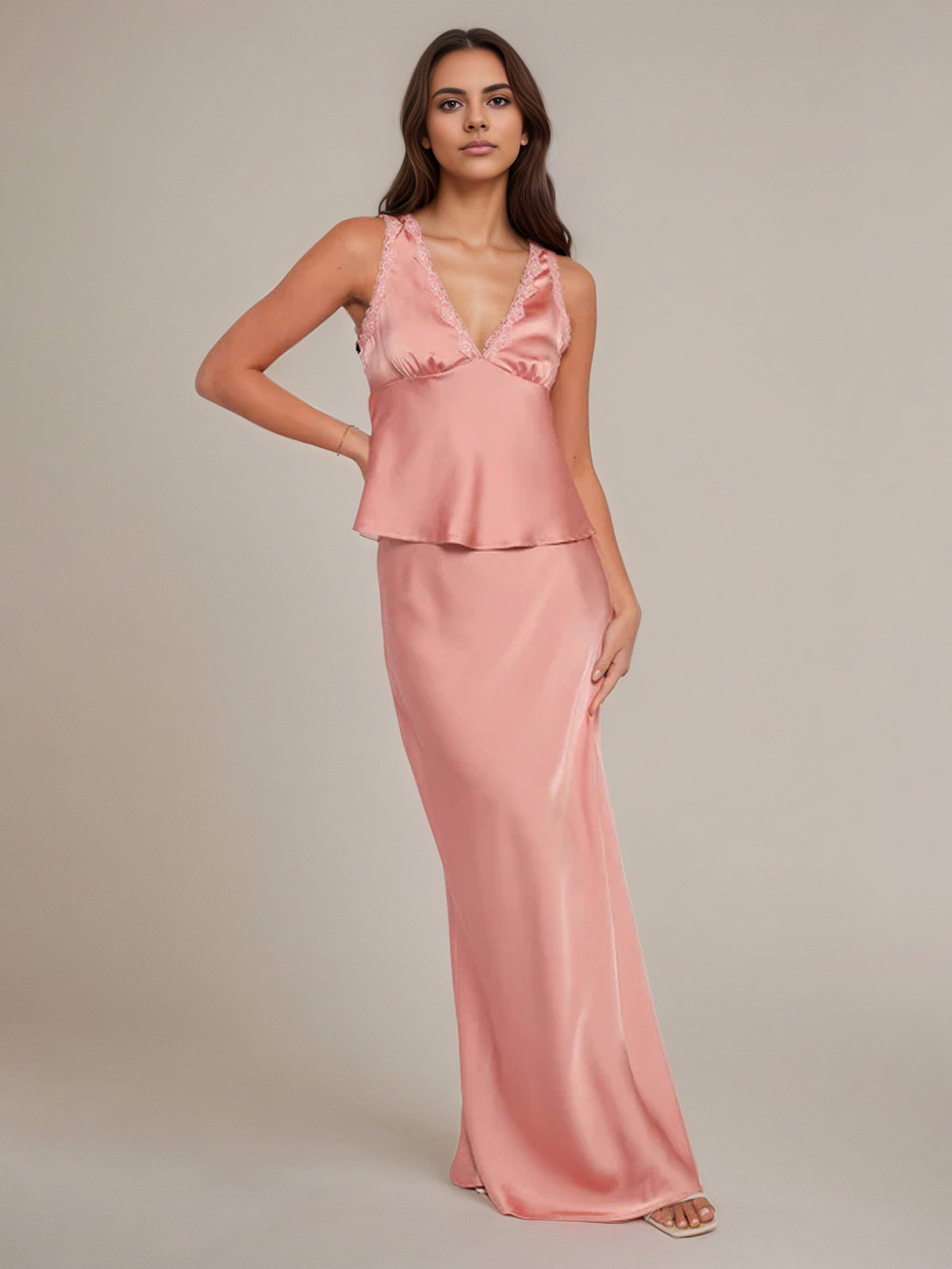 Pink Satin Sheath/Column V Neck Sleeveless Floor Length Bridesmaid Dress