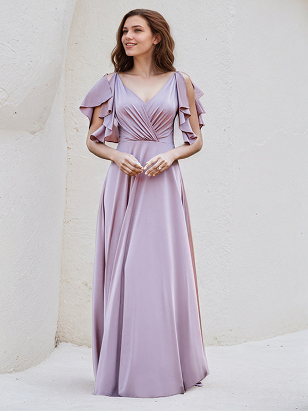 Lilac Satin A Line V Neck Ruffle Short Sleeve Floor Length Bridesmaid Dress