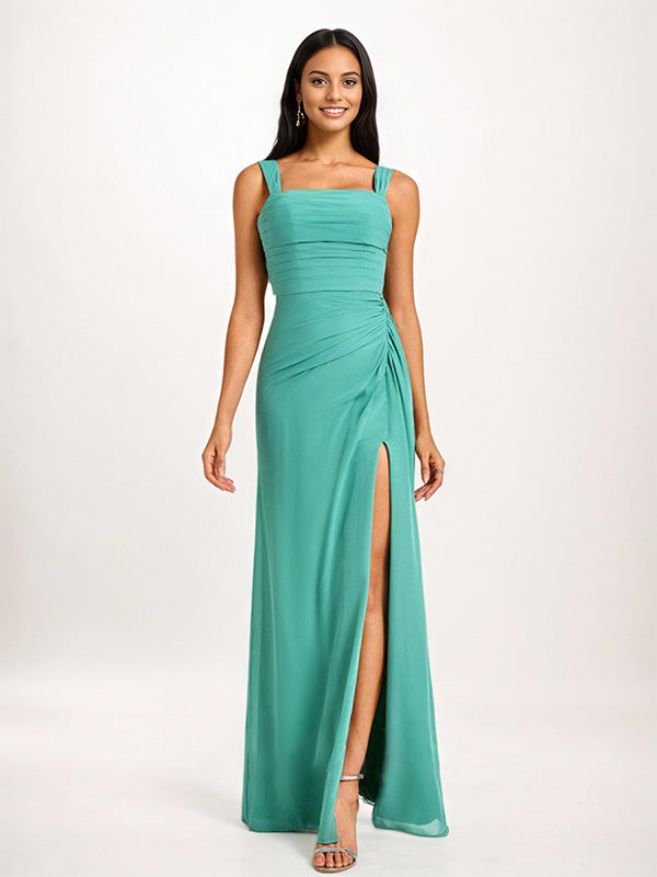 Aqua Blue Sheath/Column Chiffon Square Neck Sleeveless Floor-Length Bridesmaid Dresses