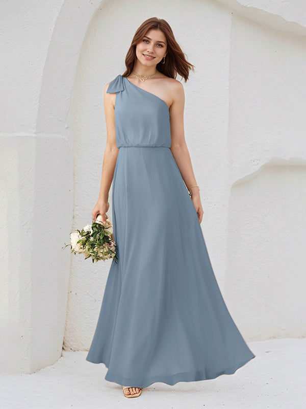 Dusty Blue Chiffon A Line One Shoulder Sleeveless Floor Length Bridesmaid Dresses