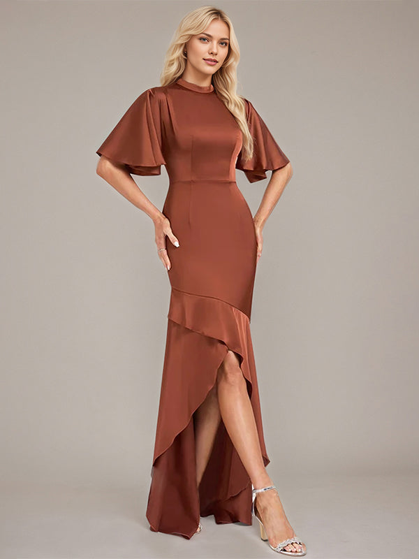 Trumpet/Mermaid High Neck Short Sleeves Asymmetrical Satin Bridesmaid Dress
