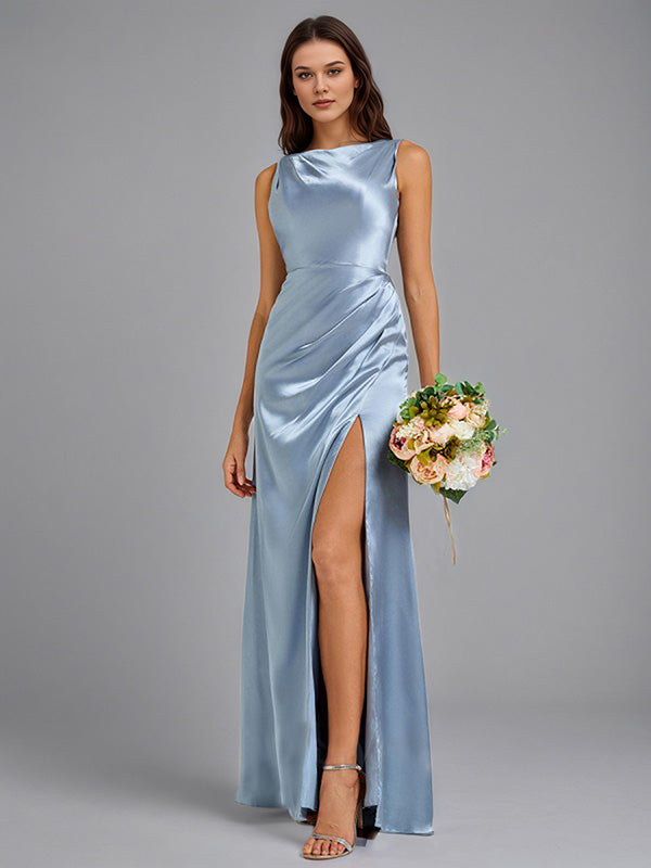 Dusty Blue Sheath/Column Scoop Neck Floor-Length Satin Bridesmaid Dress