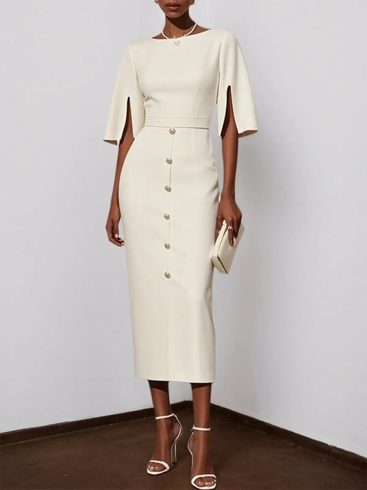 White Buckle Classic Crew Neck Short Sleeve Sheath Midi Dress