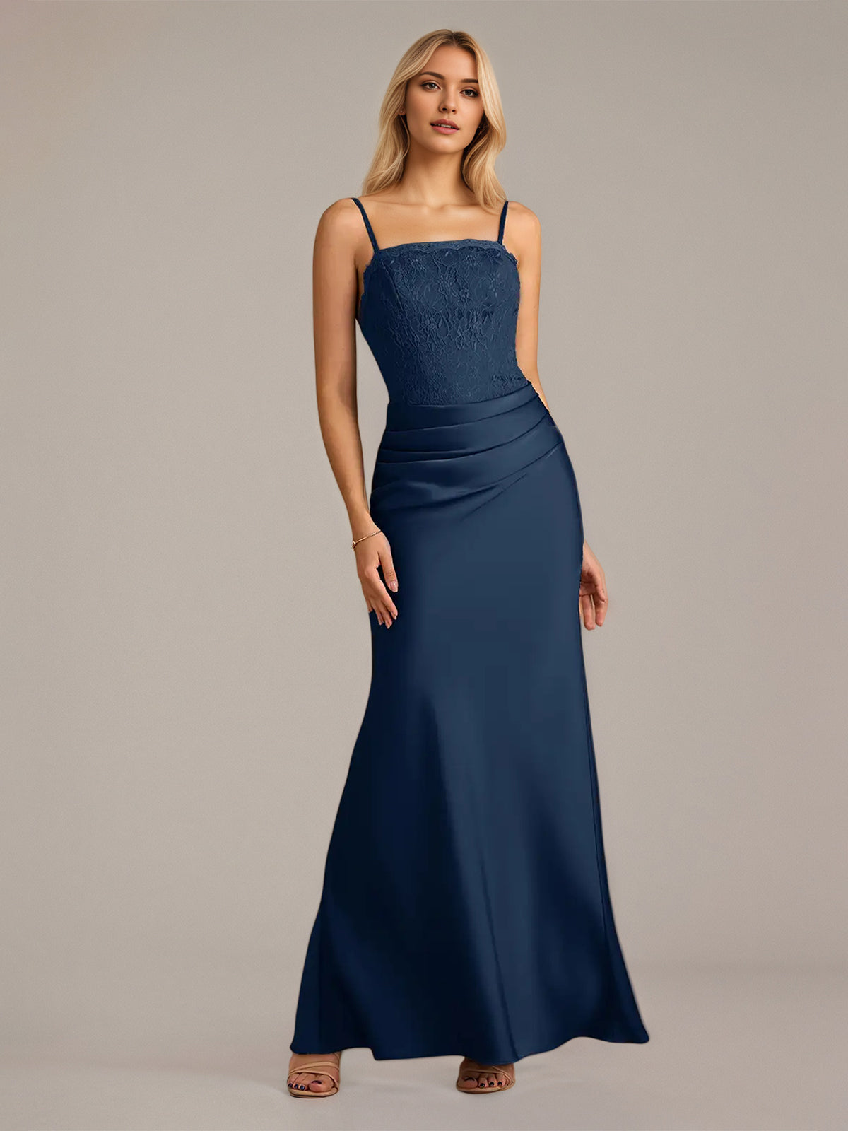 Navy Sheath/Column Satin Spaghetti Straps Sleeveless Floor Length Dresses