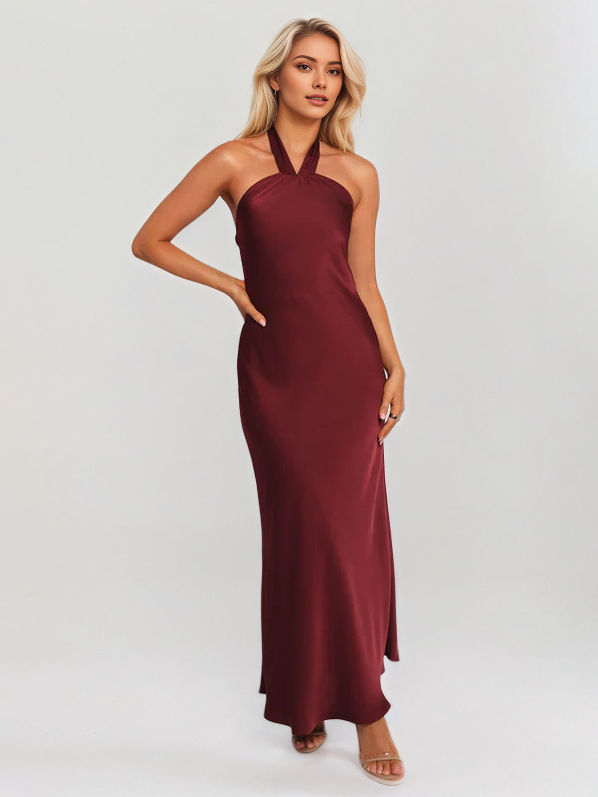Plum Satin Sheath/Column Halter Neck Sleeveless Ankle Length Bridesmaid Dresses